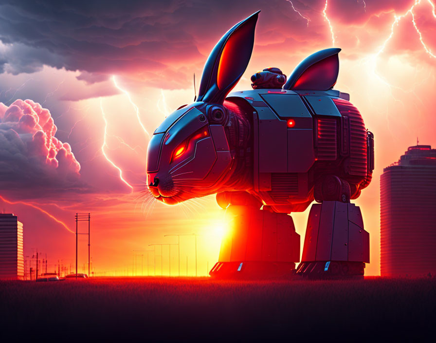 Giant Robotic Rabbit with Red Eyes in Field at Sunset