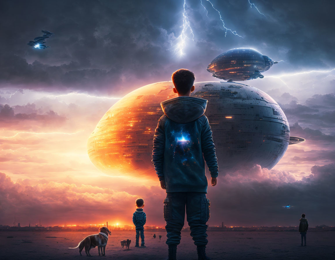 Children and dog observe alien spaceships in dystopian landscape