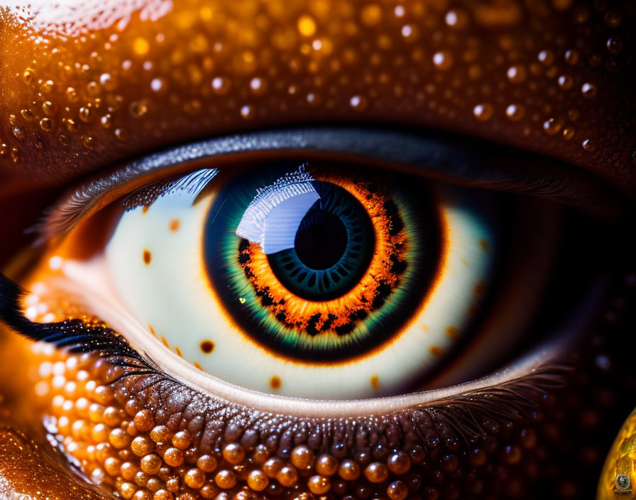 Detailed Close-Up of Colorful Iris and Water Droplets on Human Eye