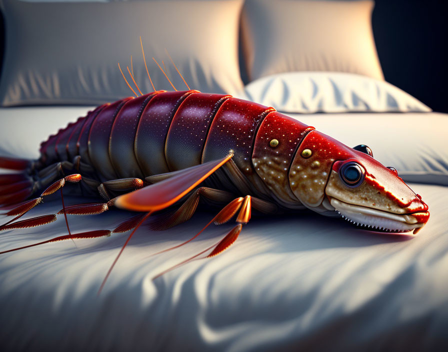 Detailed digital artwork of a vivid red giant shrimp on white pillows