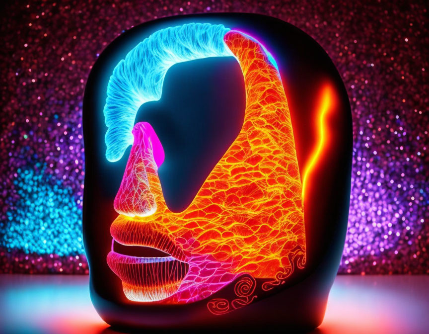 Vibrant human profile art with blue and orange neon lights on glittery backdrop