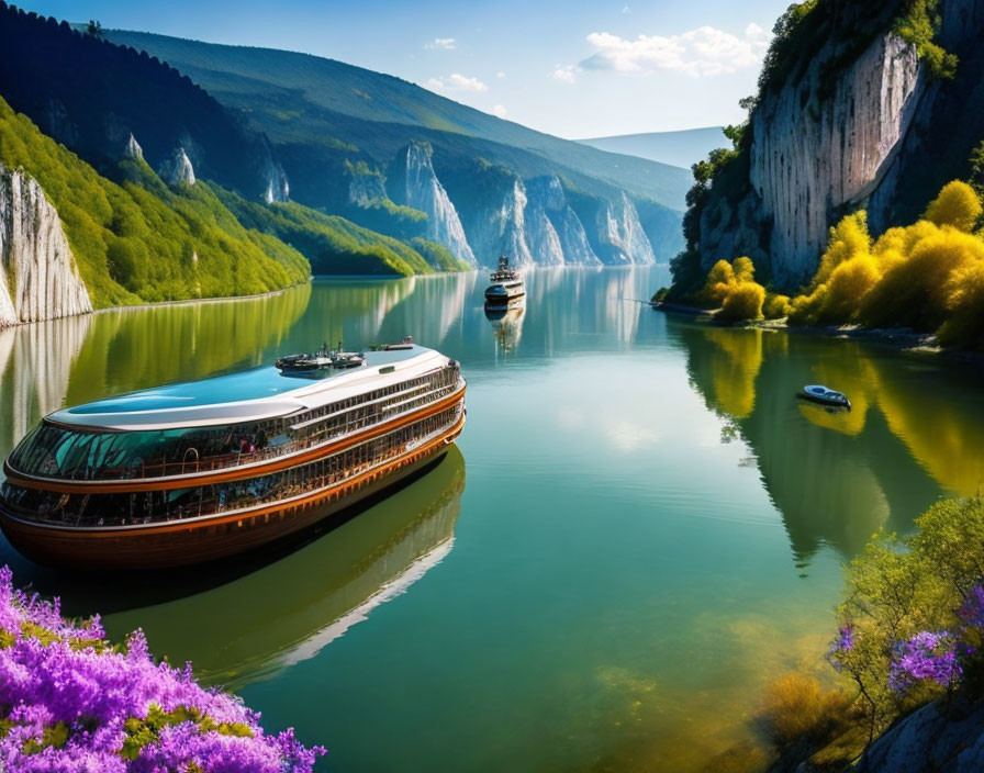 Steep cliffs, lush foliage, cruise ship, small boat in river gorge