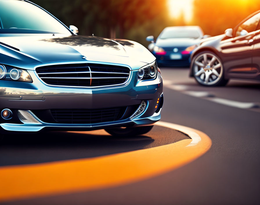 Modern black car leads traffic on orange-marked road at golden hour