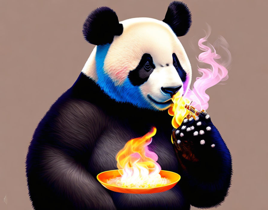 Illustrated panda with fiery mane blowing on flaming noodles bowl