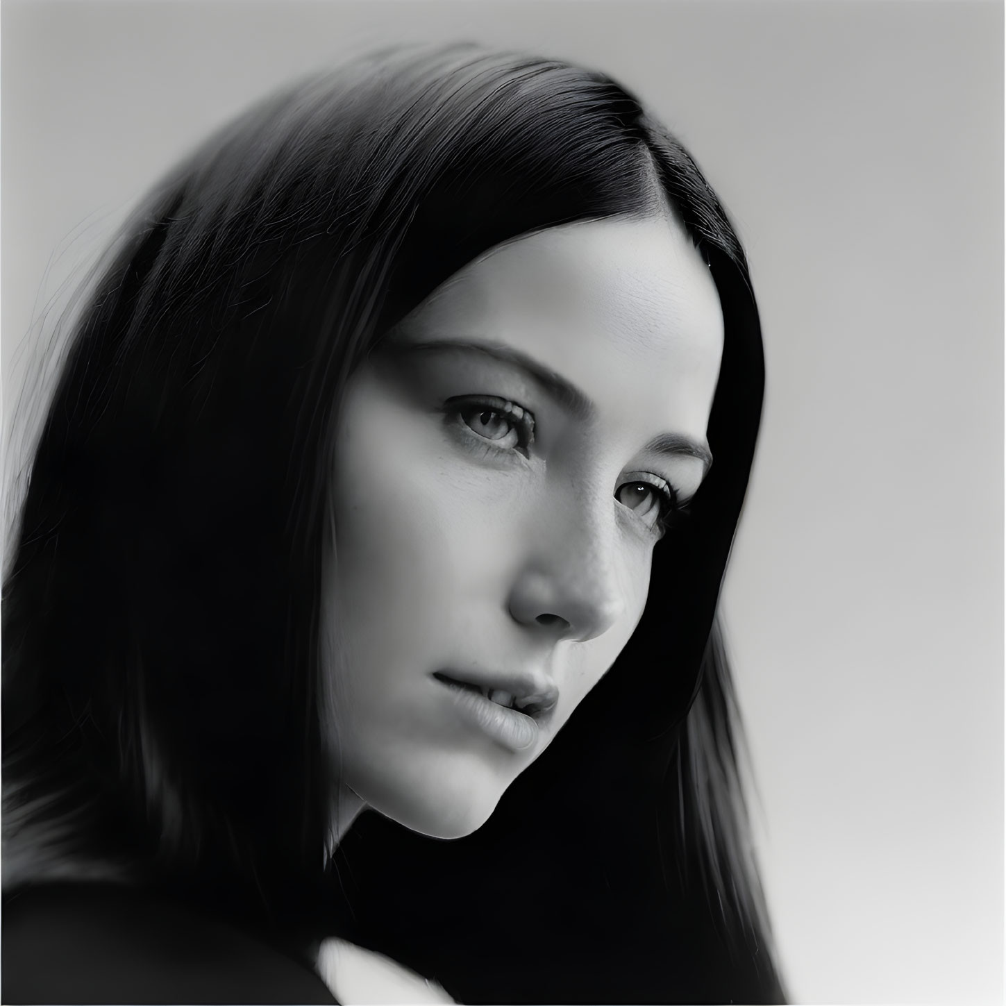 Monochromatic portrait of woman with dark hair and contemplative expression