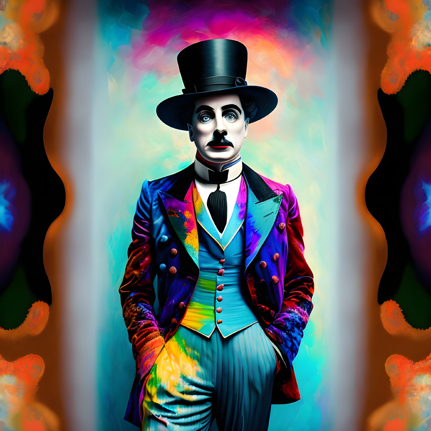 Colorful figure in vintage clown attire on vibrant abstract background