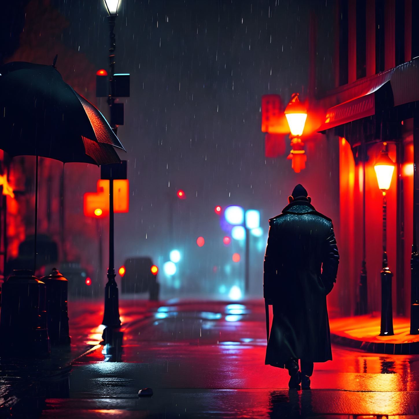 Person with umbrella walking on rain-soaked street at night.