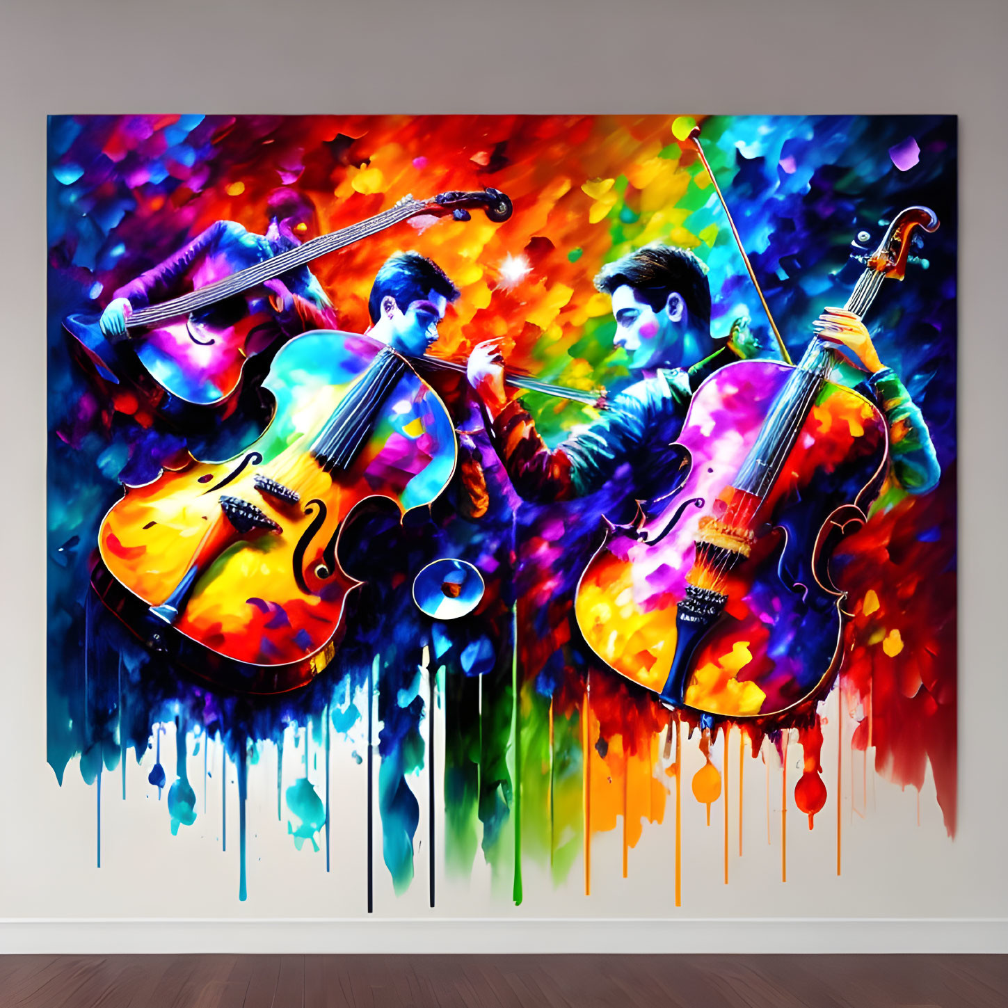 Colorful wall mural featuring figures playing cellos in abstract background