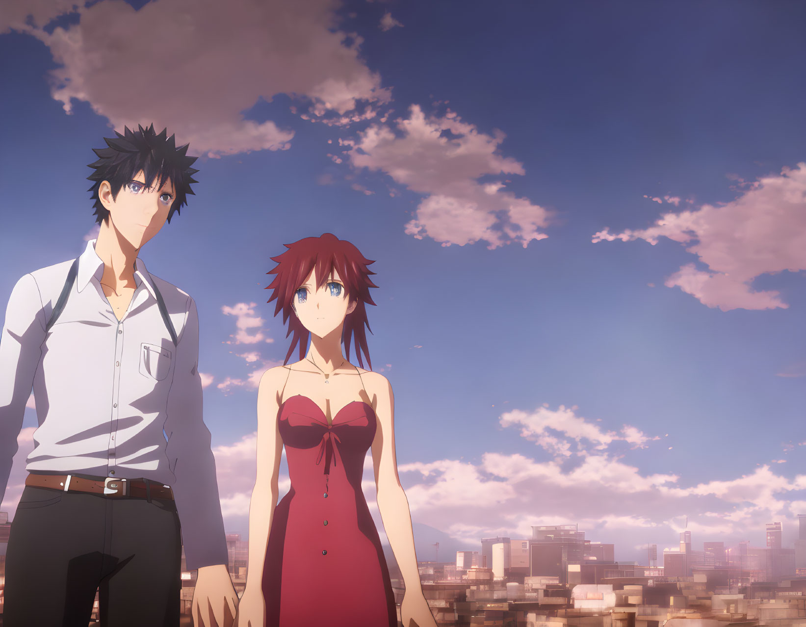 Man and woman standing together against cityscape at sunset with pink and blue sky