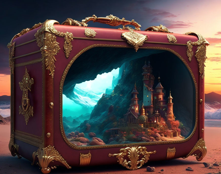 Enchanted Castle Revealed in Sunset Landscape Suitcase