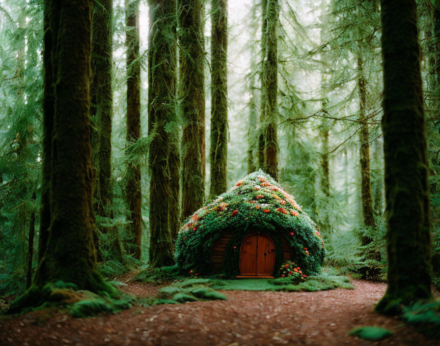 Wooden door nestled in mossy hillside among lush forest scenery