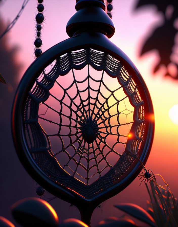 Intricate dreamcatcher with feathers against sunset backdrop