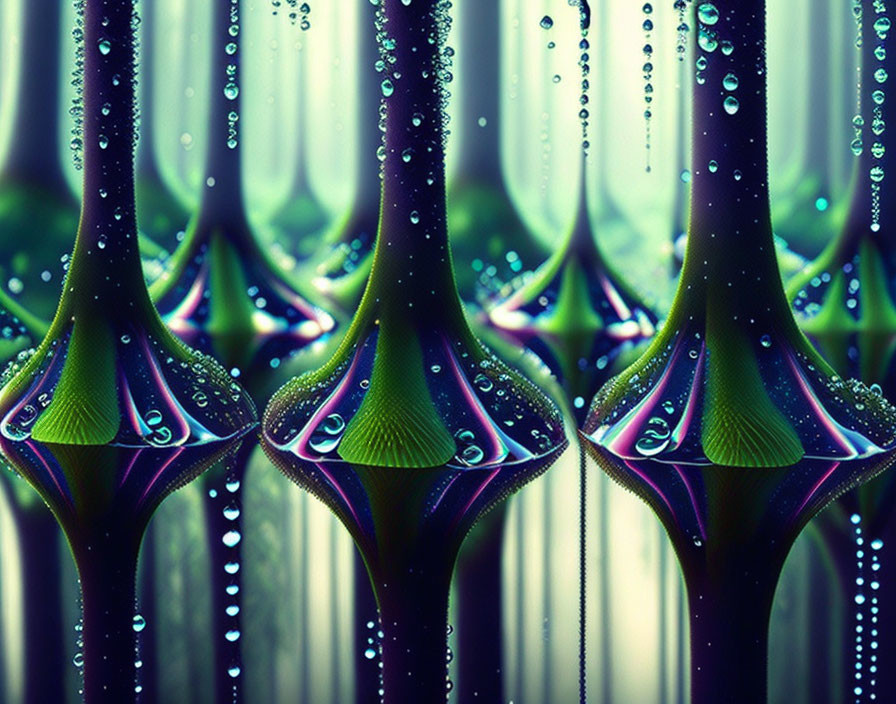 Vibrant purple trumpet-shaped structures with green interiors and glistening water droplets on blurred green background