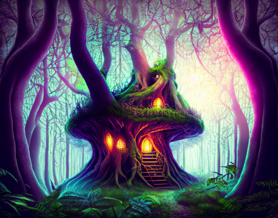 Mystical tree house in enchanted forest with glowing windows