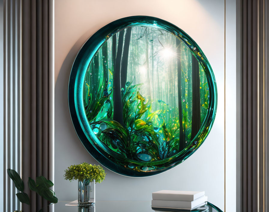 Circular ornate mirror reflects enchanted forest with lush greenery.