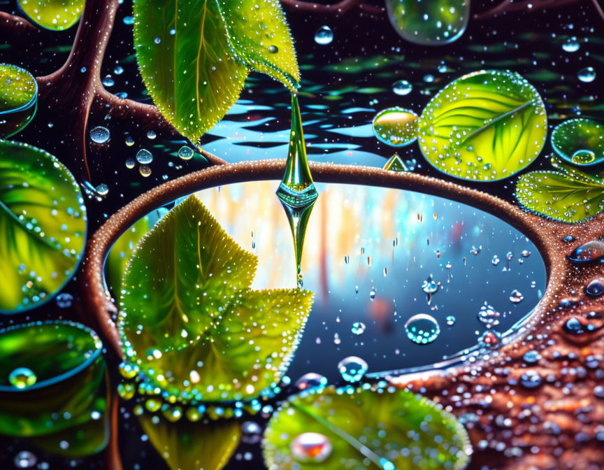 Close-up of water droplets on vibrant green leaves with bokeh light effects