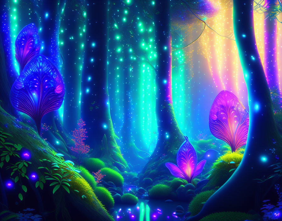 Enchanting night forest with glowing trees, plants, and stream under starry sky