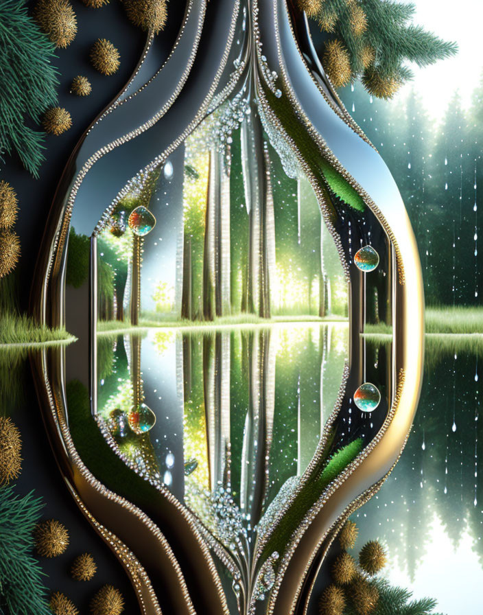 Teardrop-shaped frame with surreal forest scene and Christmas decorations