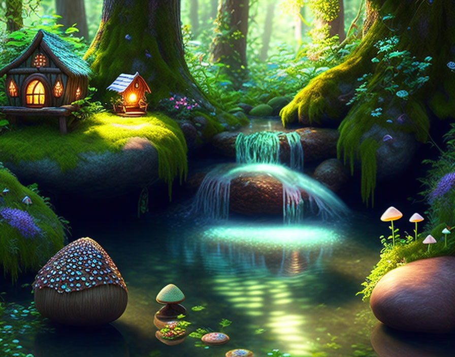 Enchanted forest with cozy cottage, waterfall, mushrooms, and blue stream