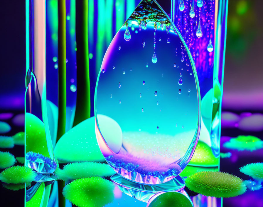 Colorful digital artwork featuring water droplets, green fuzz, and neon lights