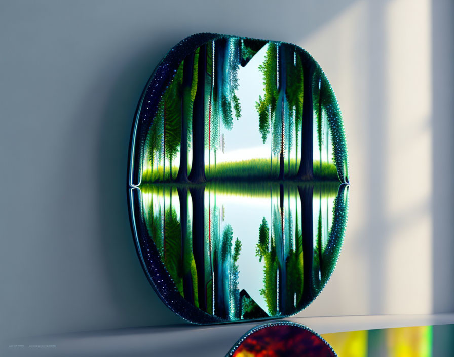 Oval mirror reflecting lush green forest with river in sunlit room