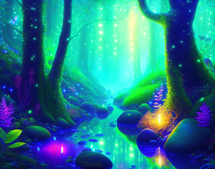 Enchanting forest scene with glowing flora and magical lights