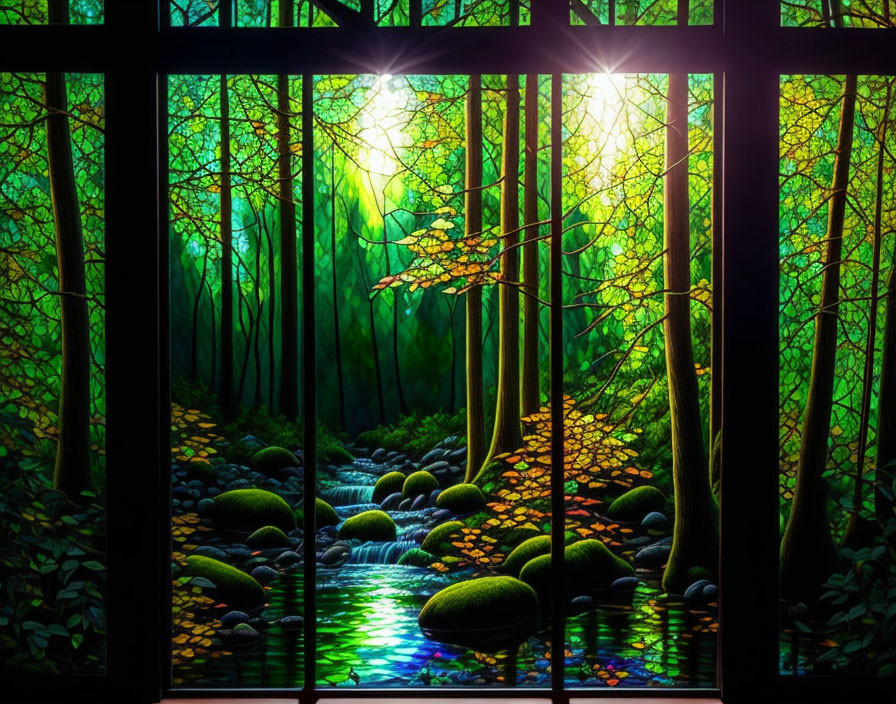 Serene forest scene with sunlight filtering through trees