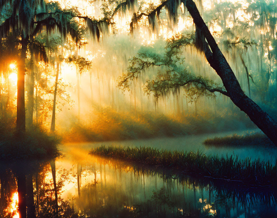 Tranquil swamp scene with mist, Spanish moss, and calm water