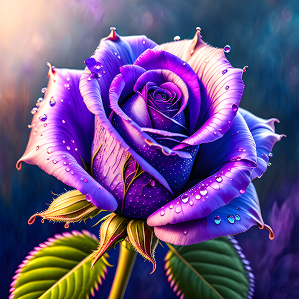 Vibrant Digital Illustration of Purple Rose with Water Droplets