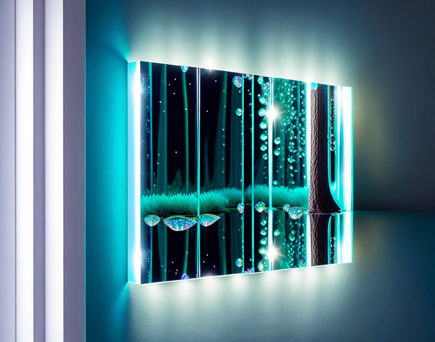 Abstract Blue Wall Art with Vertical Light Streaks and Reflective Bubbles