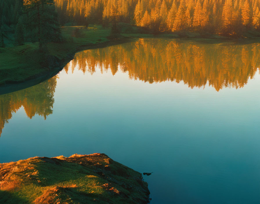 Autumn trees reflected in tranquil lake under golden sunlight