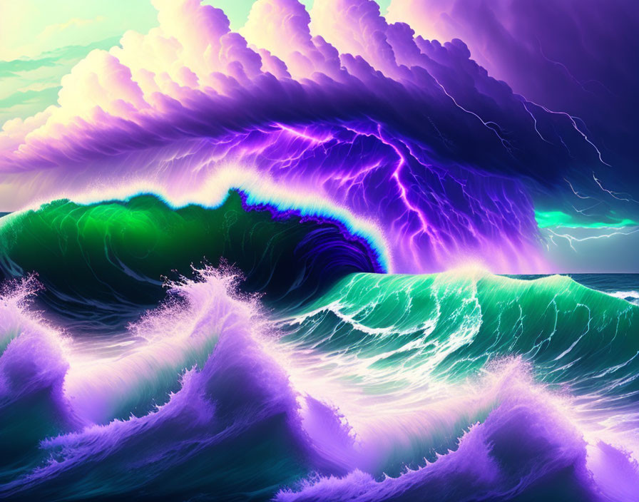 Vibrant surreal ocean scene with towering green waves and dramatic purple sky