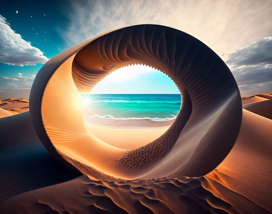 Surreal desert gateway spirals towards serene beach at sunset.