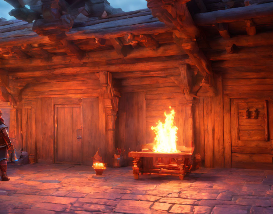 Rustic wooden cabin interior with warm fire and figure by door