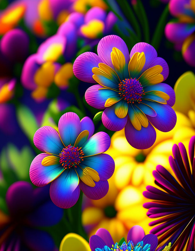 Colorful digital artwork featuring vibrant multicolored flowers on a blurred floral background