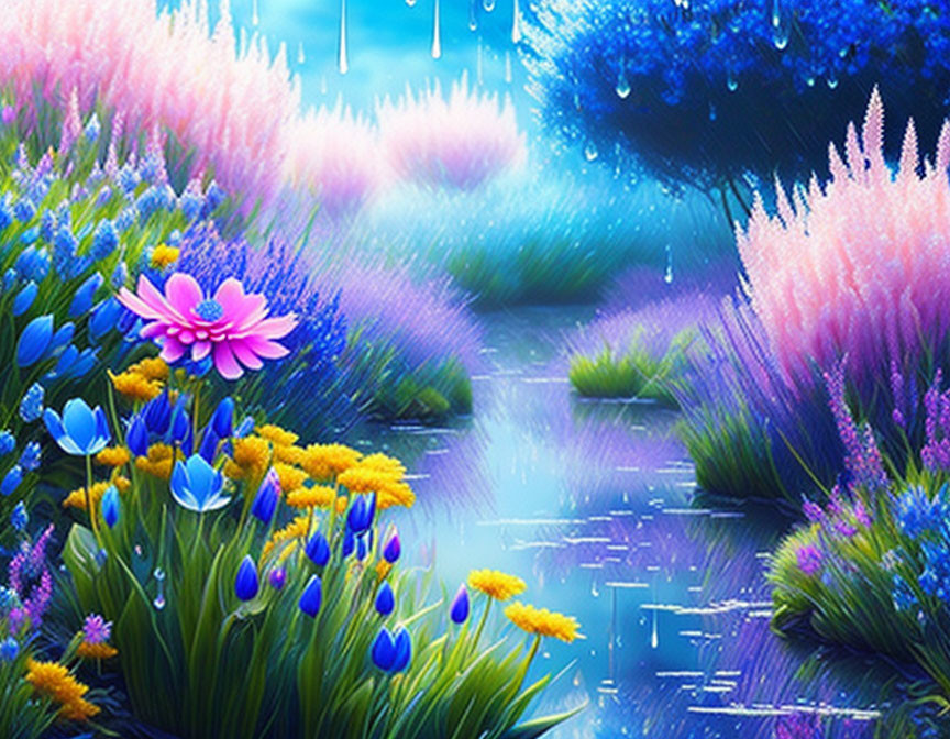 Colorful flowers and plants by a serene stream in digital art