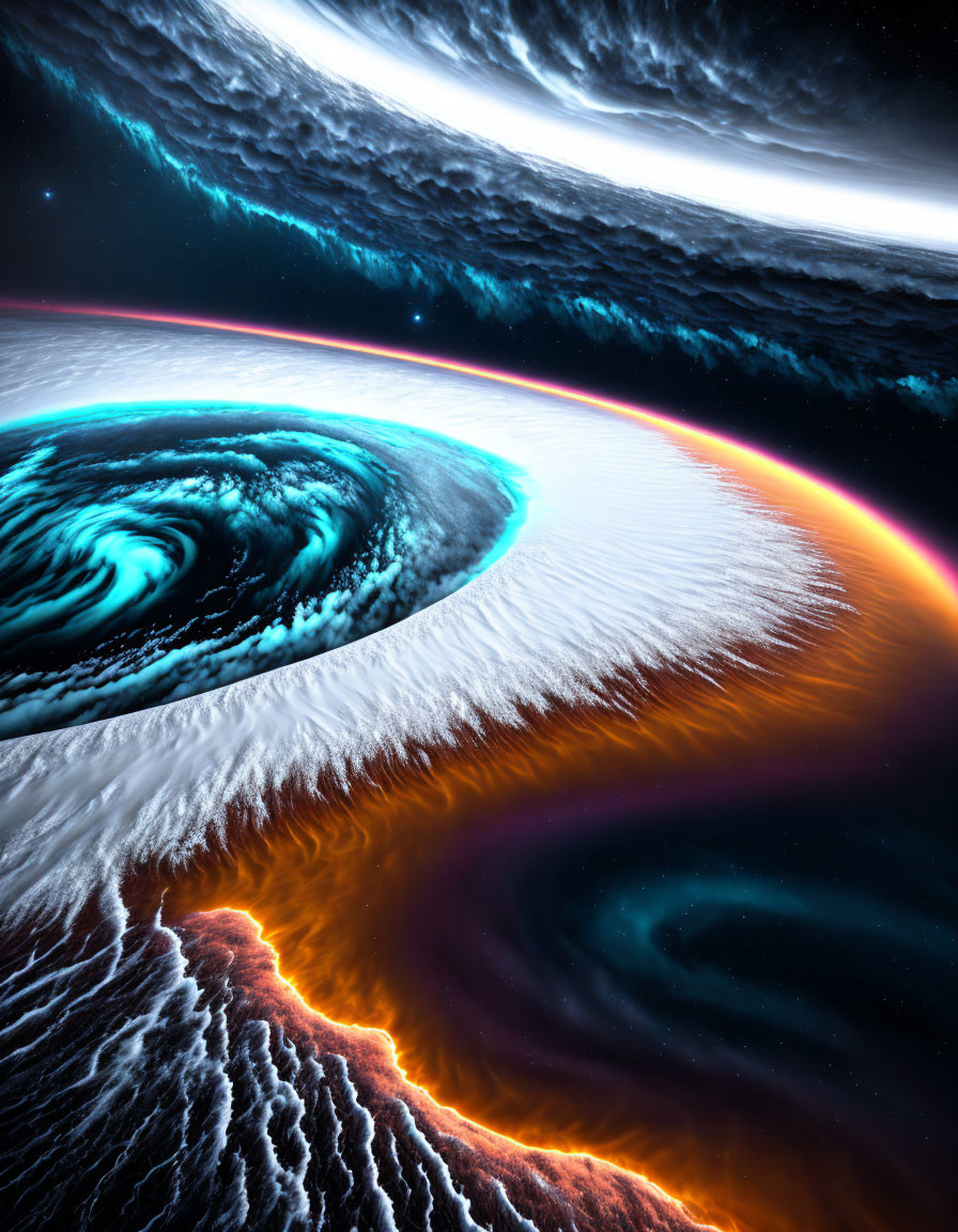 Swirling galaxy over fiery terrain and celestial ocean.