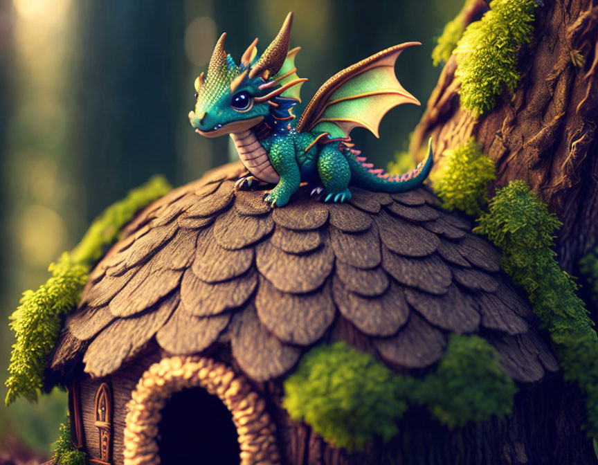 Blue and Green Dragon Figurine on Fairy House in Mossy Forest Setting