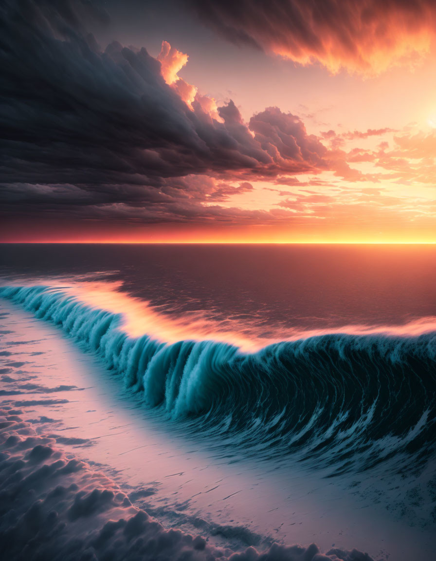 Vibrant orange and pink sunset over ocean with large curling wave under dramatic cloudy sky