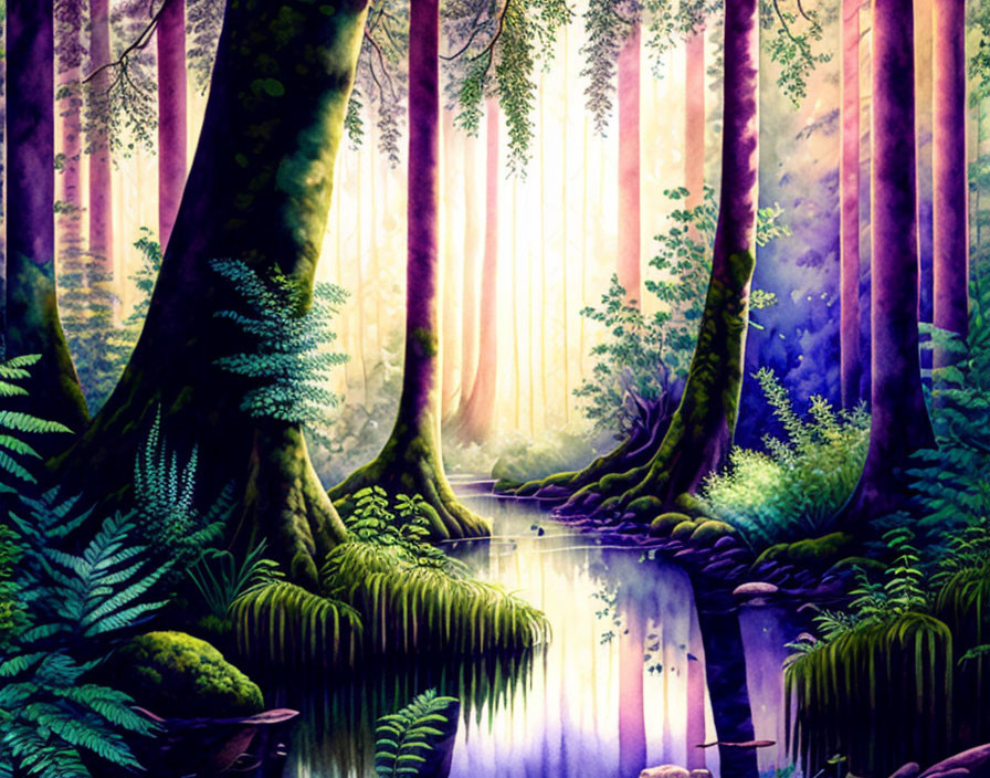 Majestic forest scene: towering trees, serene stream, ethereal sunlight