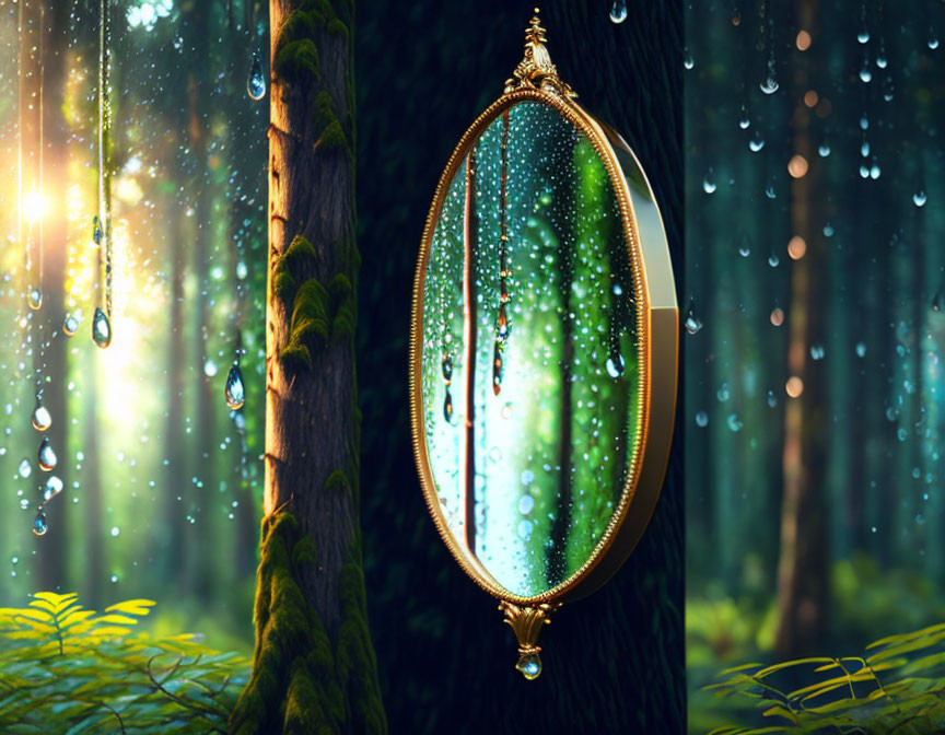 Ornate mirror in lush forest reflecting raindrops and sunlight