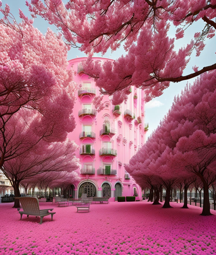 Pink Cherry Blossoms Square with Pale Pink Building and Fallen Petals