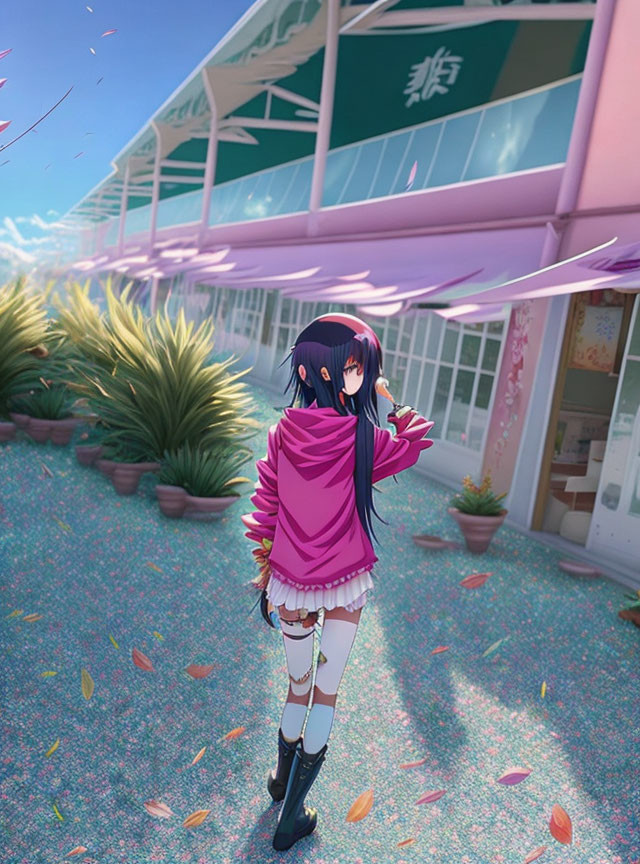 Dark-haired animated girl in pink top on petal path by greenery-covered building