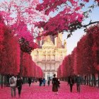 Pink Cherry Blossoms Square with Pale Pink Building and Fallen Petals