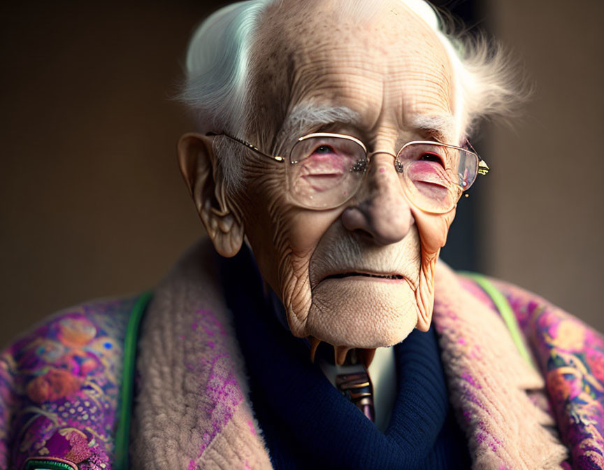 Elderly person in glasses with patterned garment gazes pensively