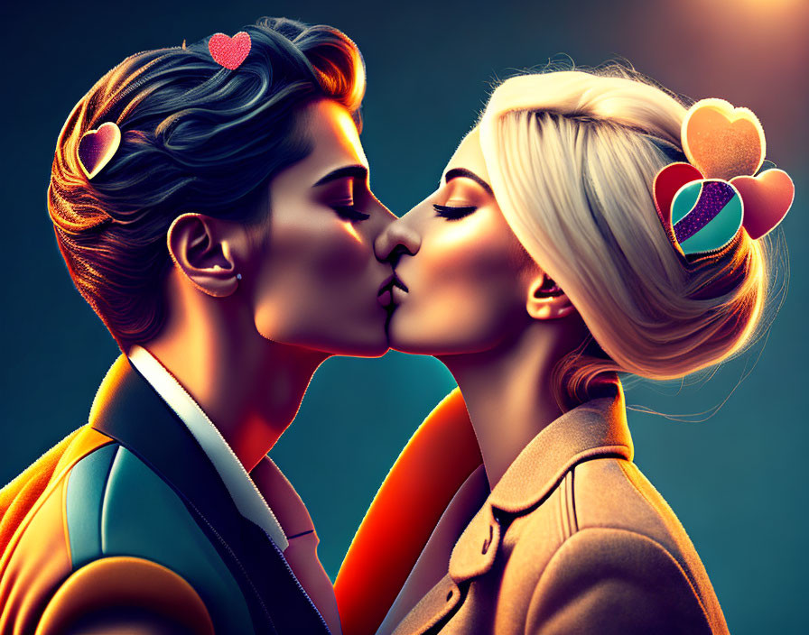 Stylized characters kissing with heart emojis, retro aesthetic