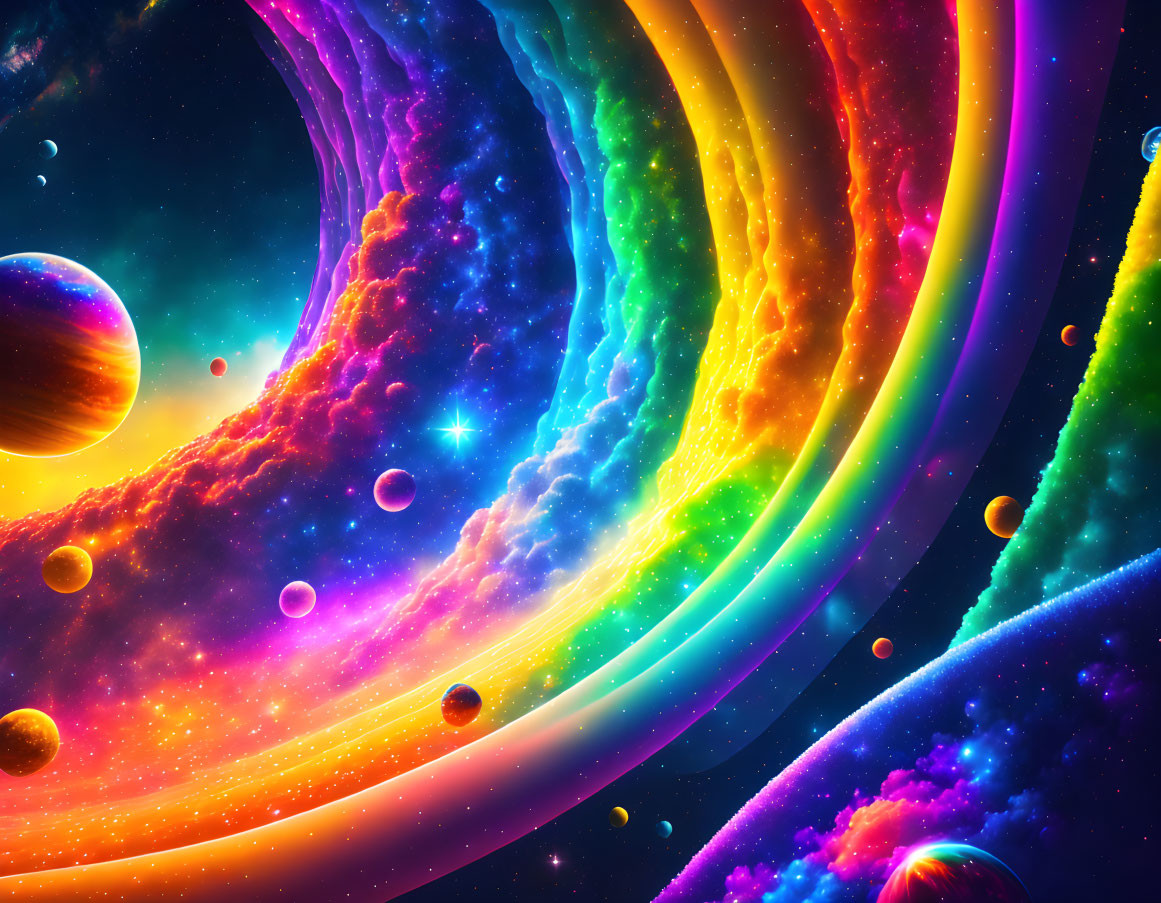 Colorful cosmic illustration featuring swirling rainbow colors, stars, and planets in deep space.