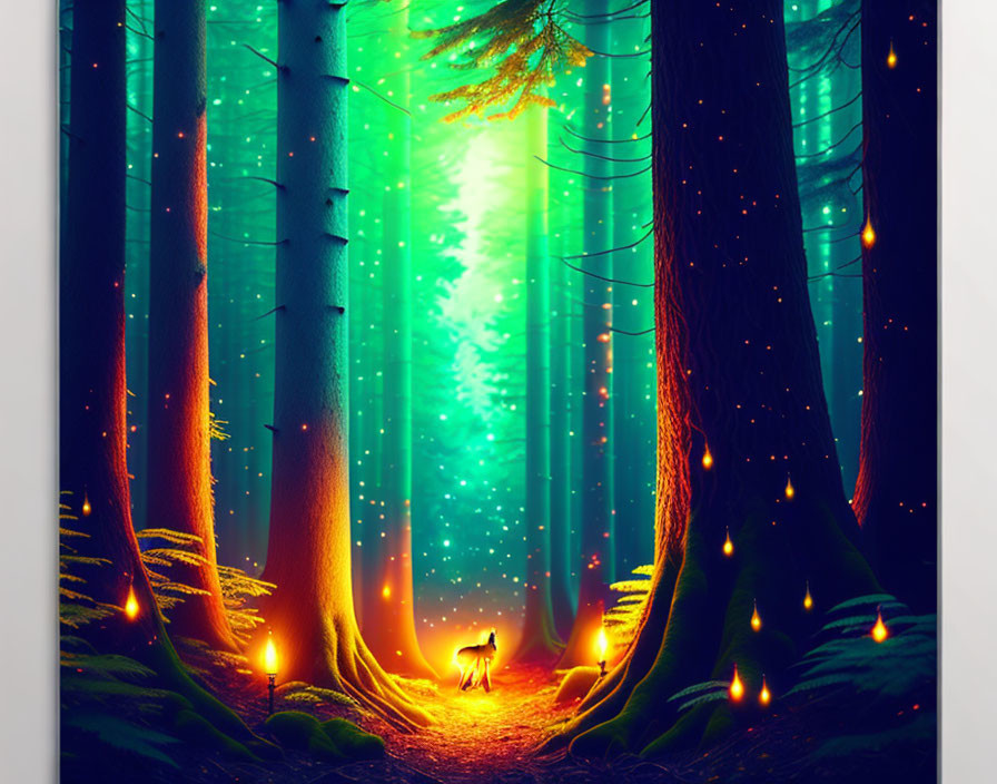 Enchanted forest pathway with glowing fireflies, deer silhouette, towering trees at twilight