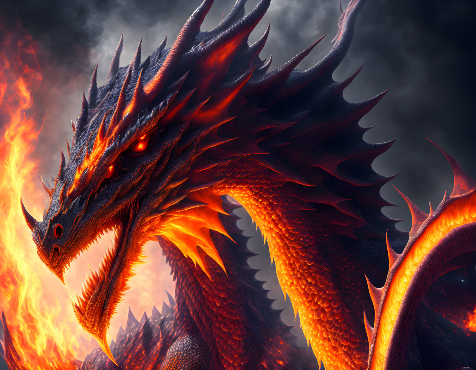 Red-Scaled Dragon with Glowing Eyes in Flames