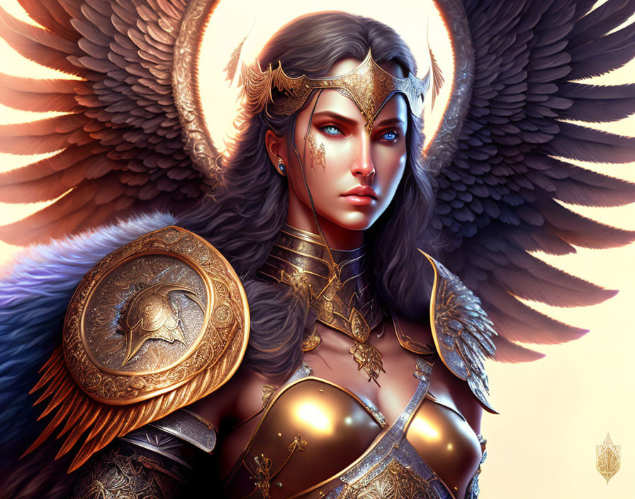 Majestic female warrior with angelic wings in golden armor